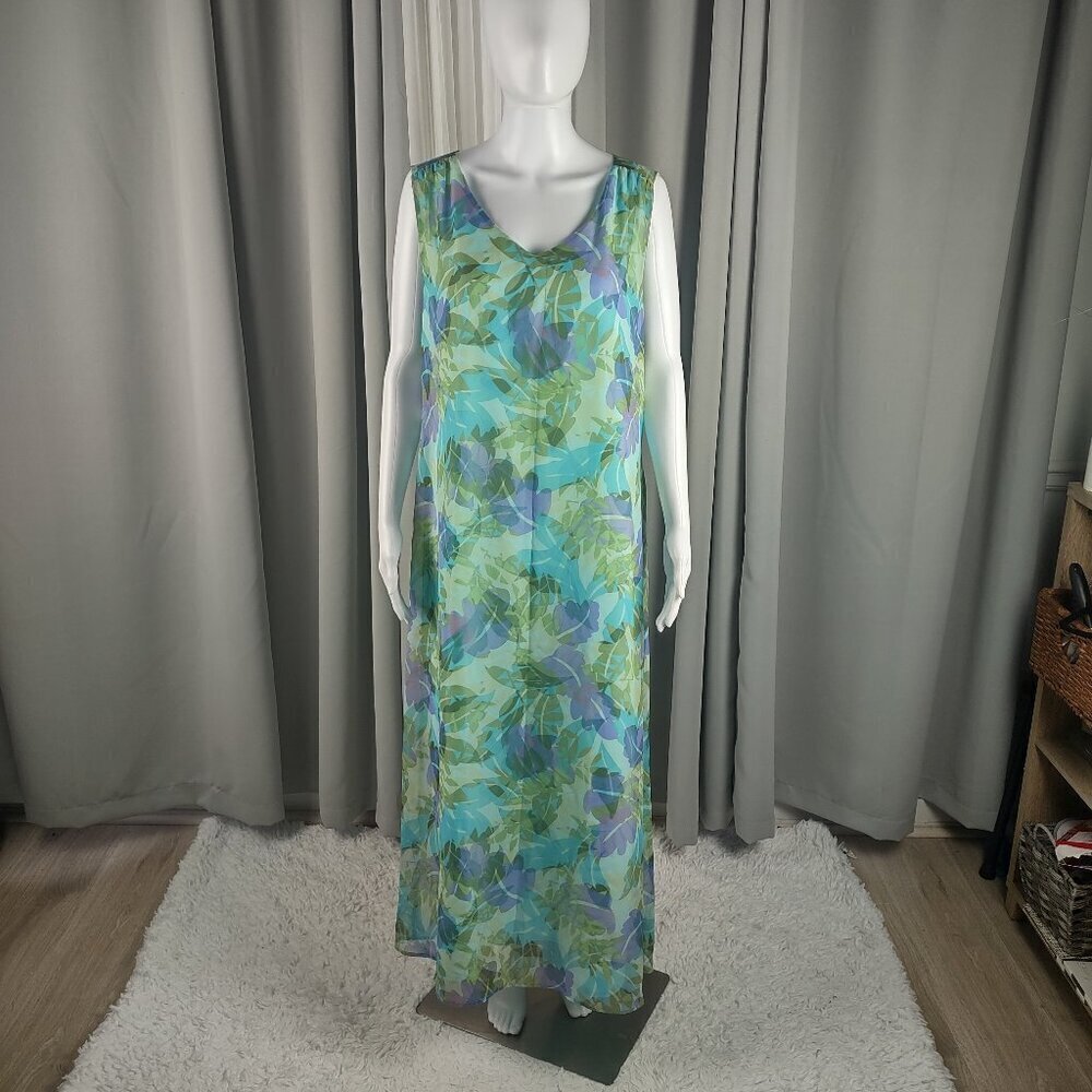 Villager Liz Claiborne Floral Maxi Dress Sleeveless V-Neck Size 14 Green, Blue - Picture 2 of 11